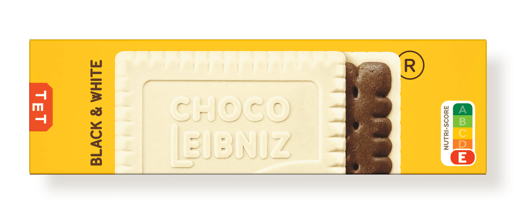 LEIBNIZ Choco Black & White Verpackung mit Nutri-Score E Label